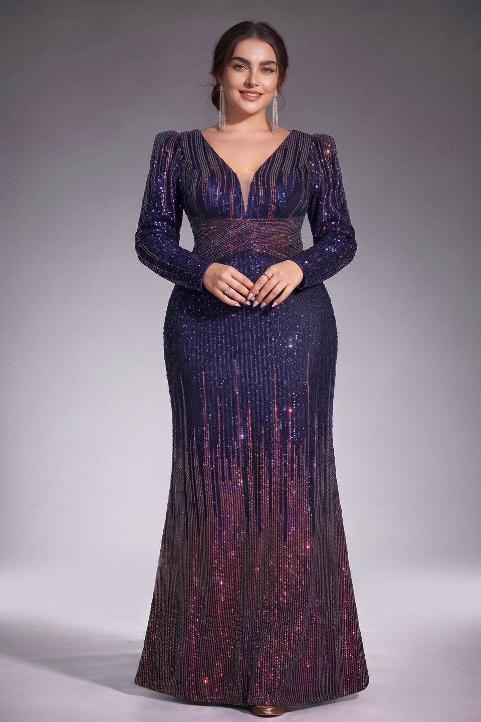 Curveins Plus Size V Neck Long Sleeve Sequin Cinched Waist Bodycon Maxi Dress