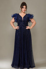 Curveins Plus Size Designer Lace Detail Sequin Short Sleeve Long Dress