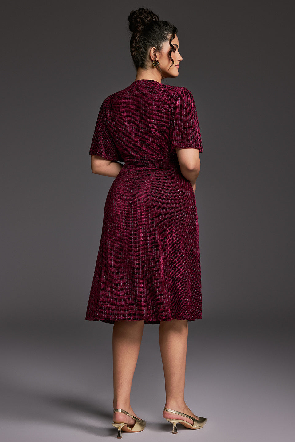 Curveins Plus Size V-Neck Short Sleeve Waist-Tie Velvet Midi Dress