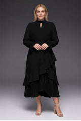Curveins Plus Size Long Sleeve Ruffle Detail Pleated Asymmetrical Hem Midi Dress