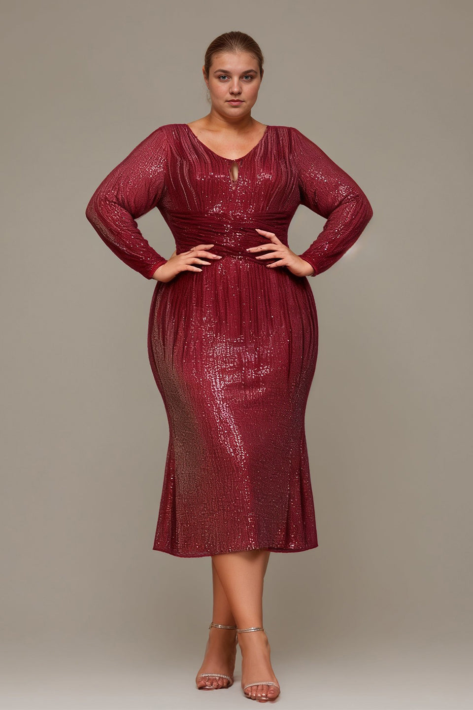 Curveins Plus Size V-Neck Long Sleeve Sequin Bodycon Midi Dress