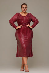Curveins Plus Size V-Neck Long Sleeve Sequin Bodycon Midi Dress