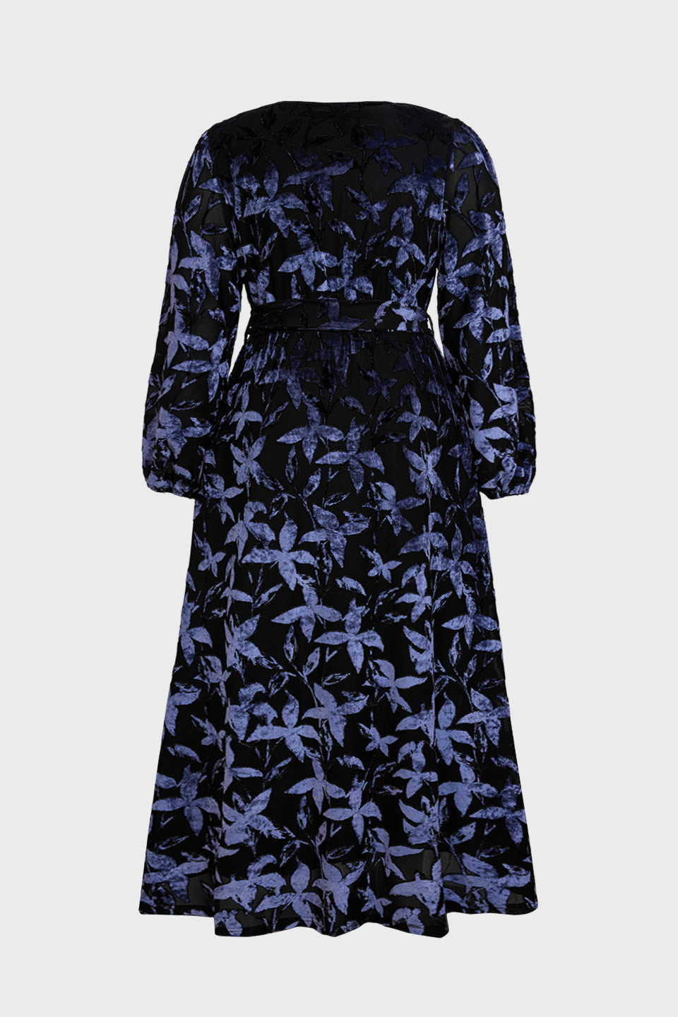 Curveins Plus Size V Neck Long Sleeve Maple Leaf Velvet Waist Tie Maxi Dress