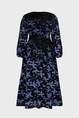 Curveins Plus Size V Neck Long Sleeve Maple Leaf Velvet Waist Tie Maxi Dress
