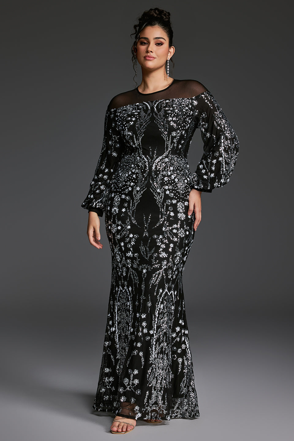 Curveins Plus Size Sheer Round Neck Puff Sleeve Patterned Sequin Bodycon Maxi Dress
