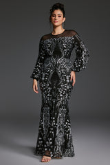 Curveins Plus Size Sheer Round Neck Puff Sleeve Patterned Sequin Bodycon Maxi Dress