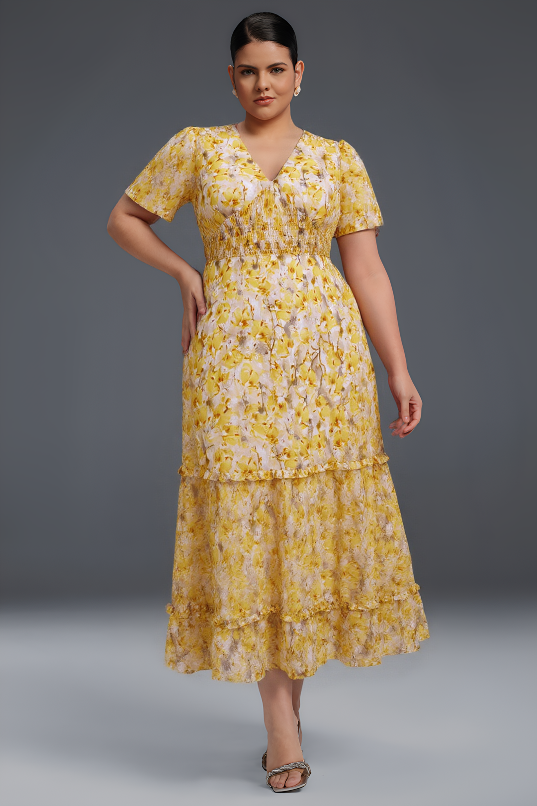 Curveins Plus Size V-Neck Floral Ruffle Sleeve Maxi Dress