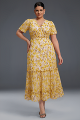 Curveins Plus Size V-Neck Floral Ruffle Sleeve Maxi Dress