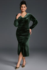 Curveins Plus Size V-Neck Long Sleeves Side Slit Bodycon Maxi Dress