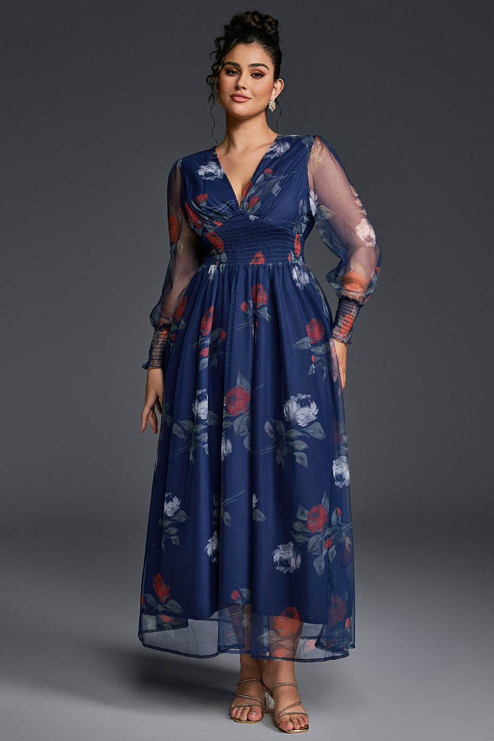 Curveins Plus Size V-Neck Floral Mesh Maxi Dress
