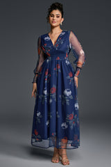 Curveins Plus Size V-Neck Floral Mesh Maxi Dress