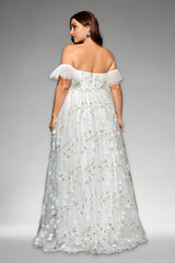 Curveins Plus Size Off-Shoulder Elegant Floral Detail Cinched-Waist Maxi Dress