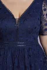 Curveins Plus Size Elegant V-Neck Embroidered Short-Sleeve Slimming Maxi Dress