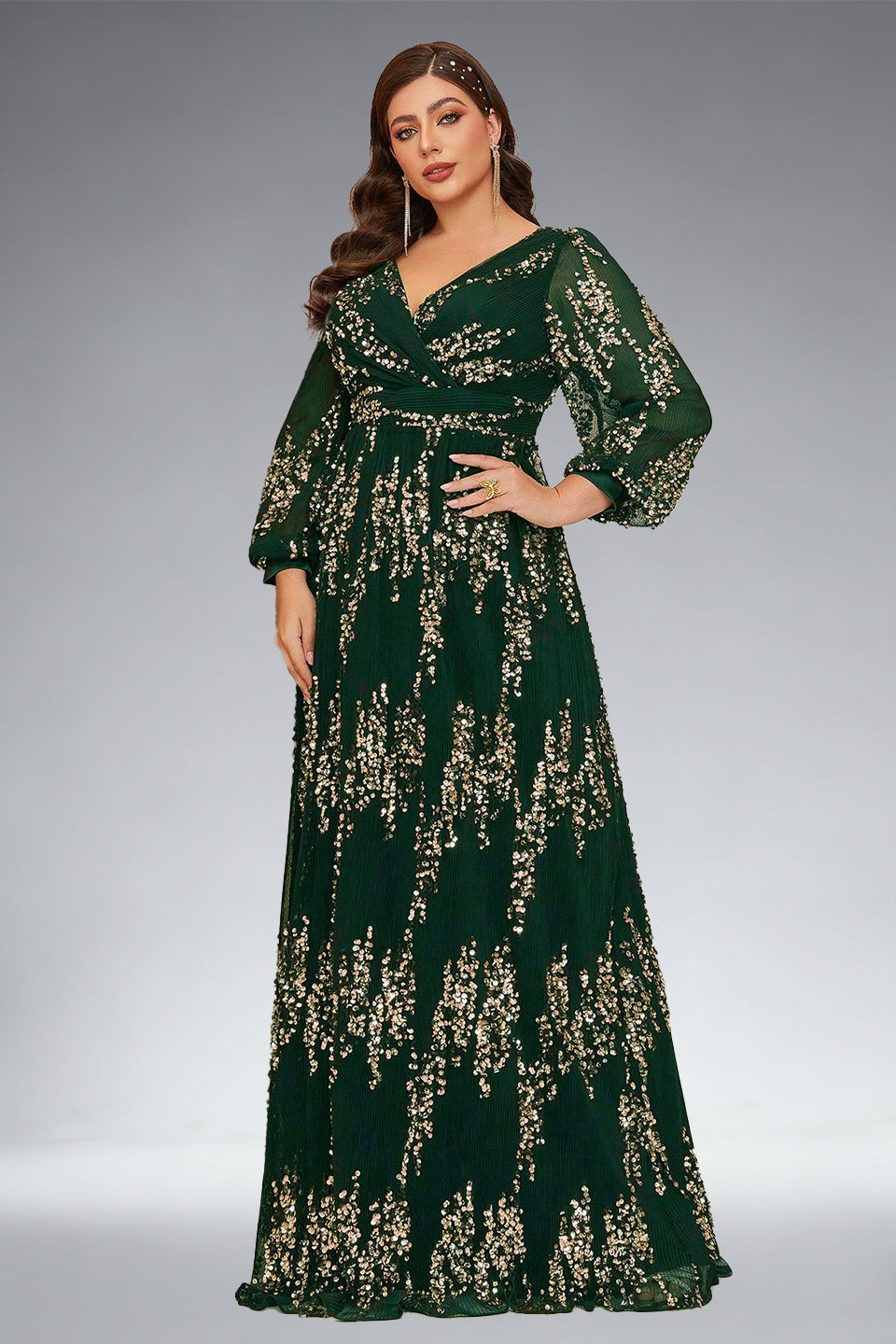 Curveins Plus Size Sequin V-Neck Lantern Sleeve Formal Party Maxi Dress