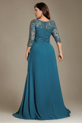 Curveins Plus Size Round Neck Embroidered Bodice Waist-Defined Maxi Dress