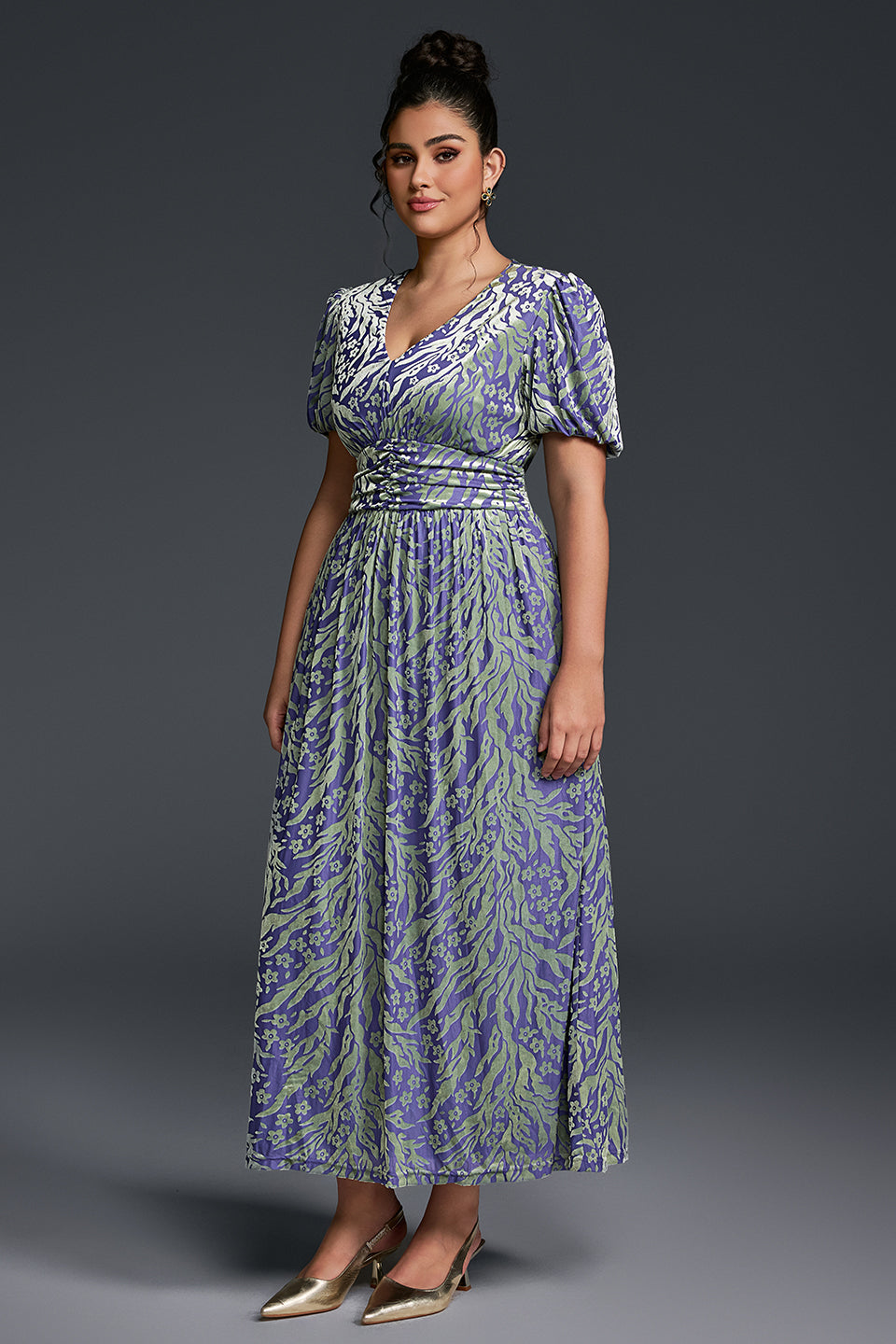 Curveins Plus Size V-Neck Velvet Plain Maxi Dress