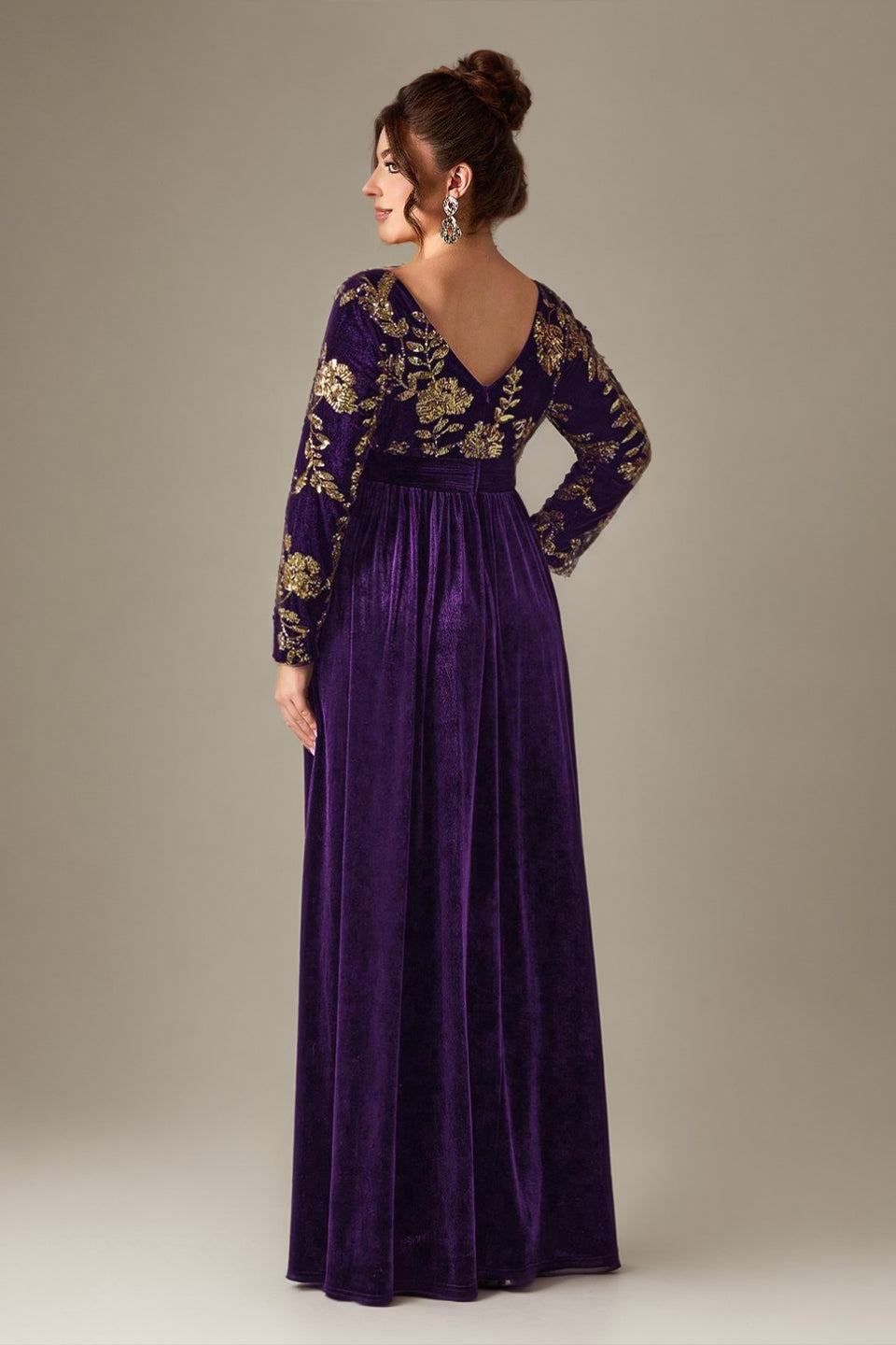 Curveins Plus Size V-Neck Long Sleeve Sequin Floral Embellished Velvet Evening Gown