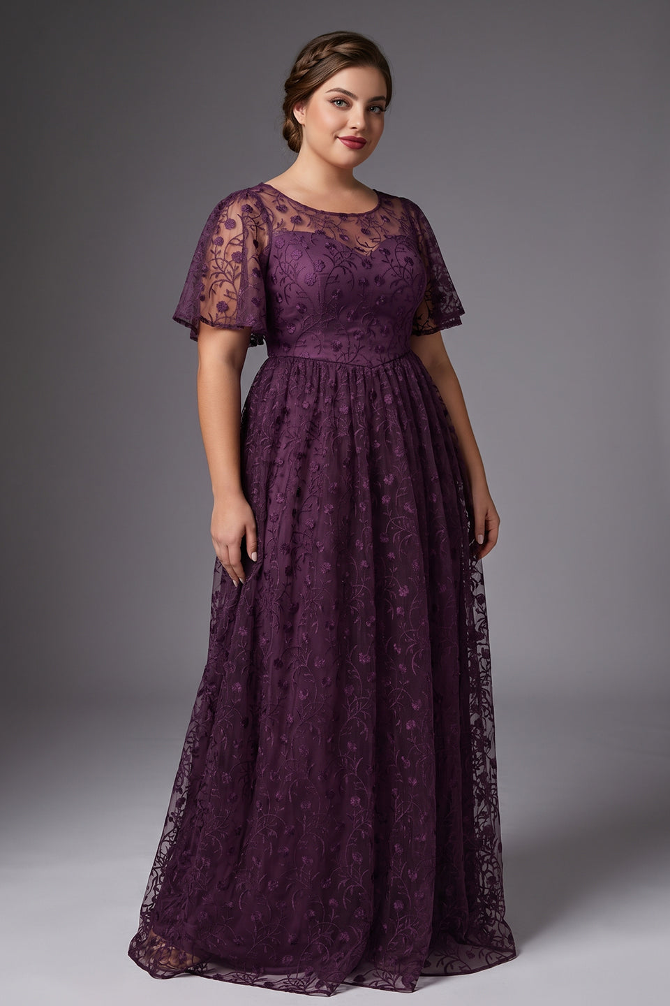Curveins Plus Size Crew Neck Batwing Sleeve Floral Cinched Waist Elegant Maxi Dress