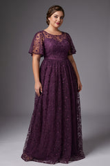 Curveins Plus Size Crew Neck Batwing Sleeve Floral Cinched Waist Elegant Maxi Dress