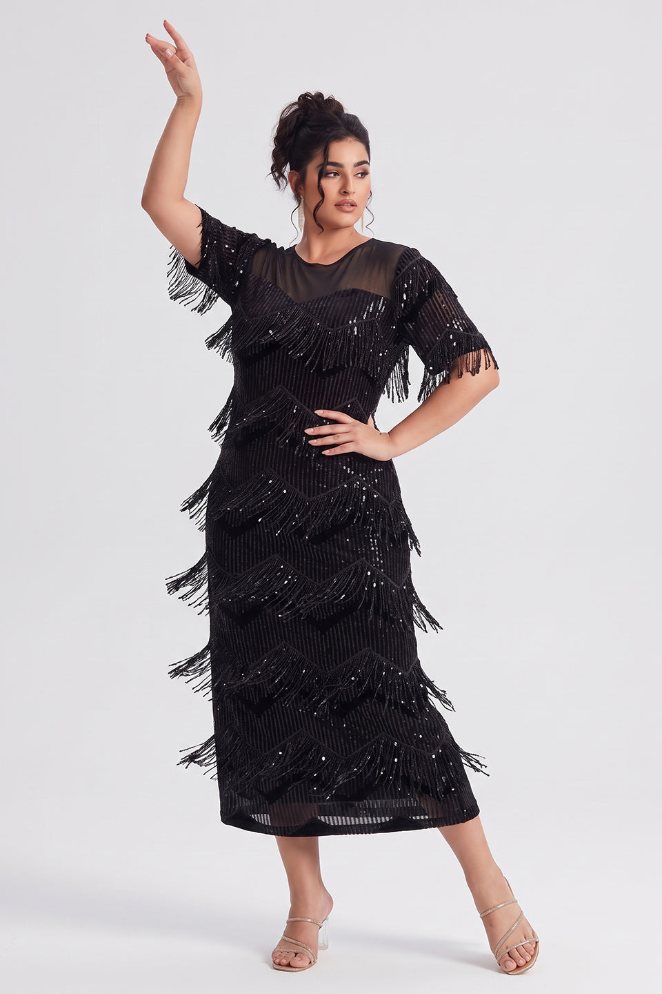 Curveins Plus Size Crew Neck Short Sleeve Sequin Fringe Velvet Maxi Dress