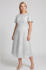 Curveins Plus Size Lace Hollow Detail Round Neck Short Sleeve Waist Defining Midi Dress