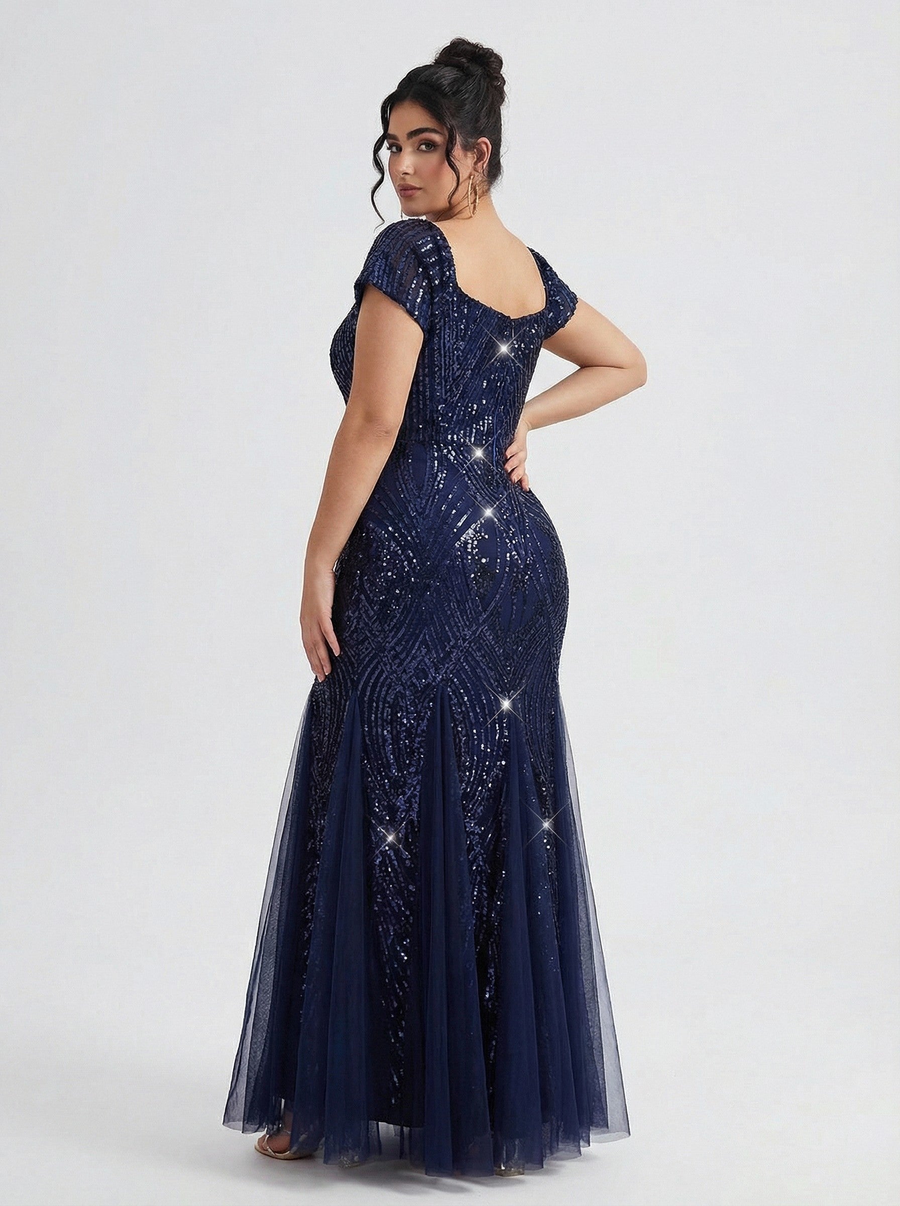 Curveins Plus Size Square Neck Short Sleeve Sequin Bodycon Maxi Dress