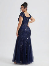 Curveins Plus Size Square Neck Short Sleeve Sequin Bodycon Maxi Dress