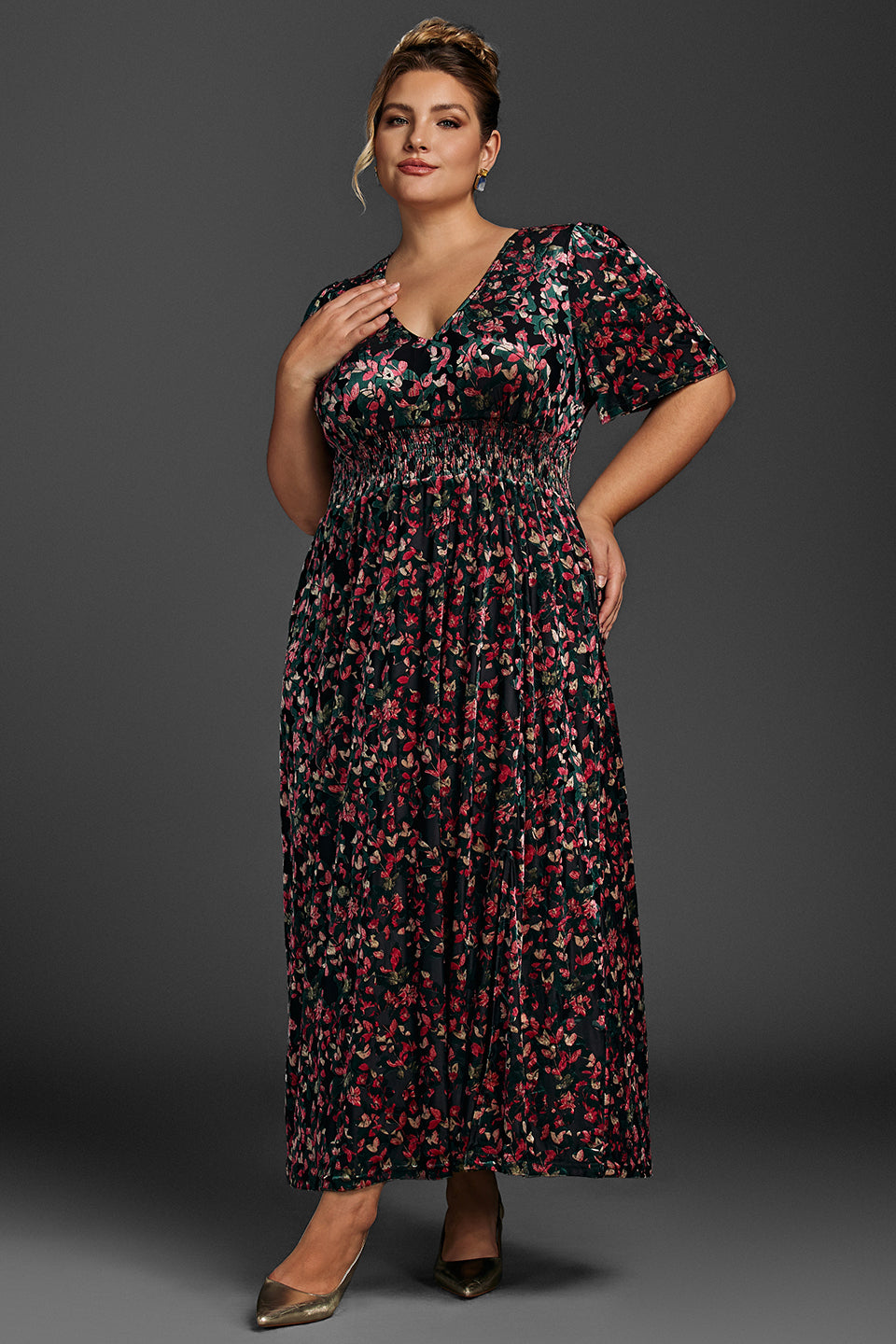 Curveins Plus Size Black Floral Velvet Maxi Dress