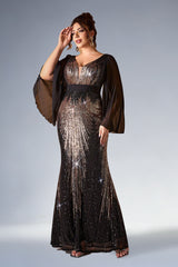 Curveins Plus Size Sparkling V-Neck Batwing Long-Sleeve Curve-Fit Maxi Dress