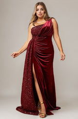 Curveins Plus Size One Shoulder Sequin Patchwork High Slit Maxi Dress