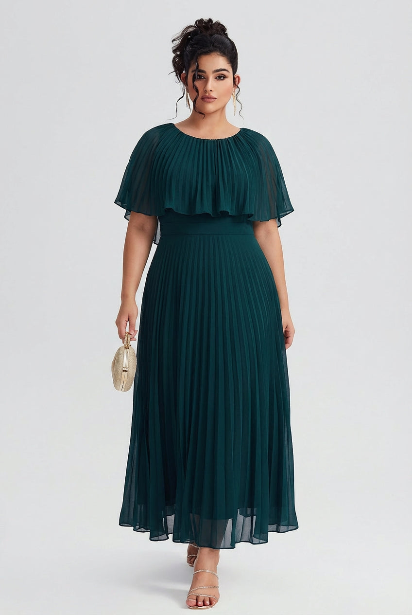 Curveins Plus Size Round Neck Short Cape Sleeve Elegant A-Line Maxi Dress