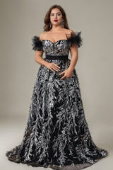 Curveins Plus Size Off Shoulder Sequin Pattern Cinched Waist Maxi Dress