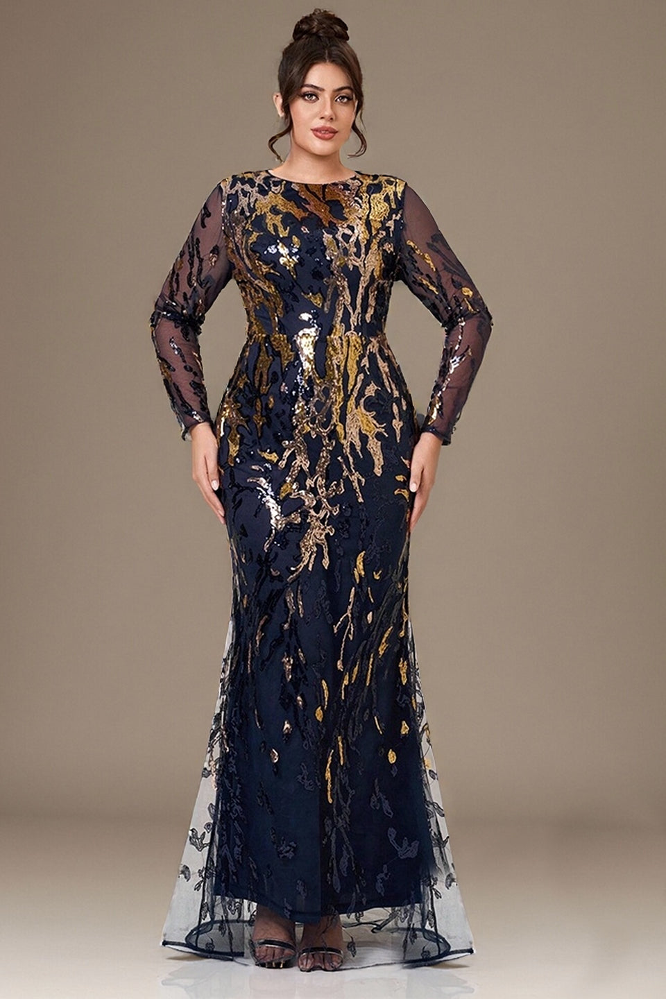 Curveins Elegant Plus Size Sequin Embellished Long Sleeve Cape Overlay Formal Dress