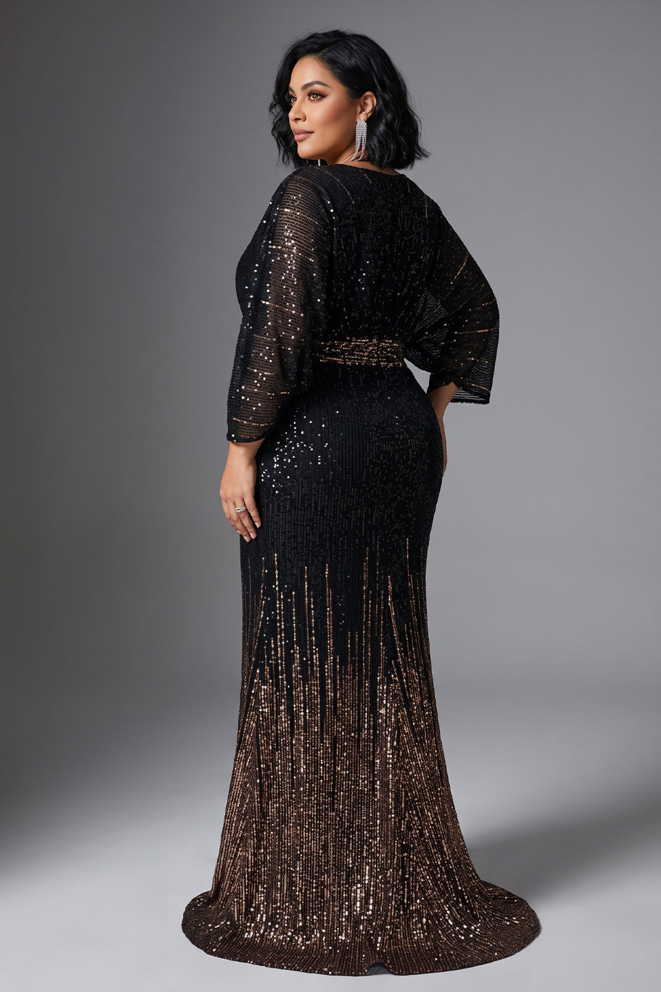 Curveins Plus Size V-Neck Sequin Sparkle High-Slit Slimming Maxi Dress