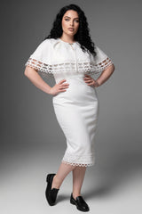Curveins Plus Size Round Neck Hollow Lace Cape Overlay Bodycon Midi Dress