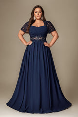 Curveins Plus Size Strapless Embroidered Short Sleeve Waist Cinch A-Line Maxi Dress