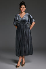 Curveins Plus Size V-Neck Batwing Sleeve Pleated A-Line Velvet Maxi Dress