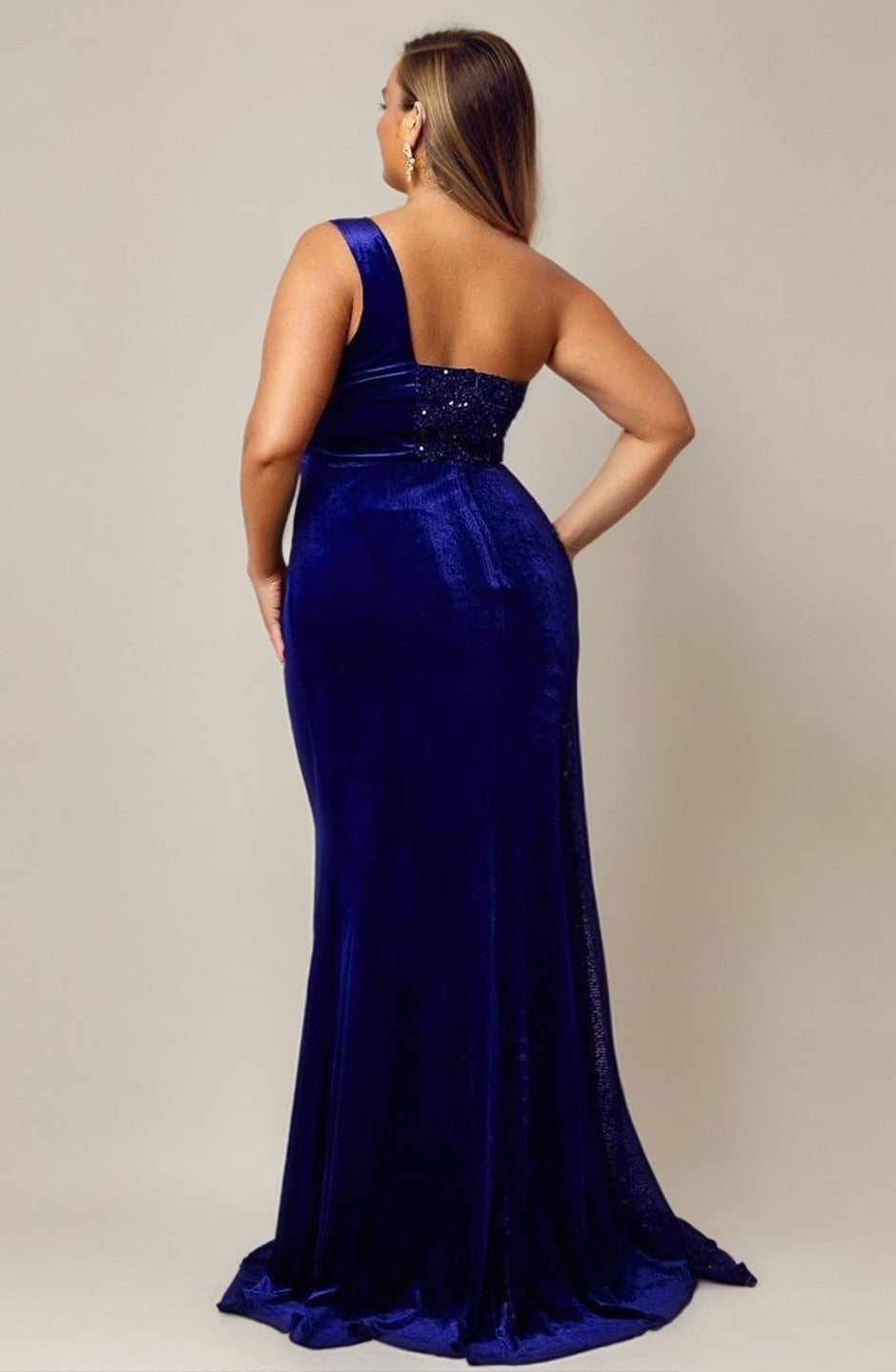 Curveins Plus Size One Shoulder Sequin Patchwork High Slit Maxi Dress