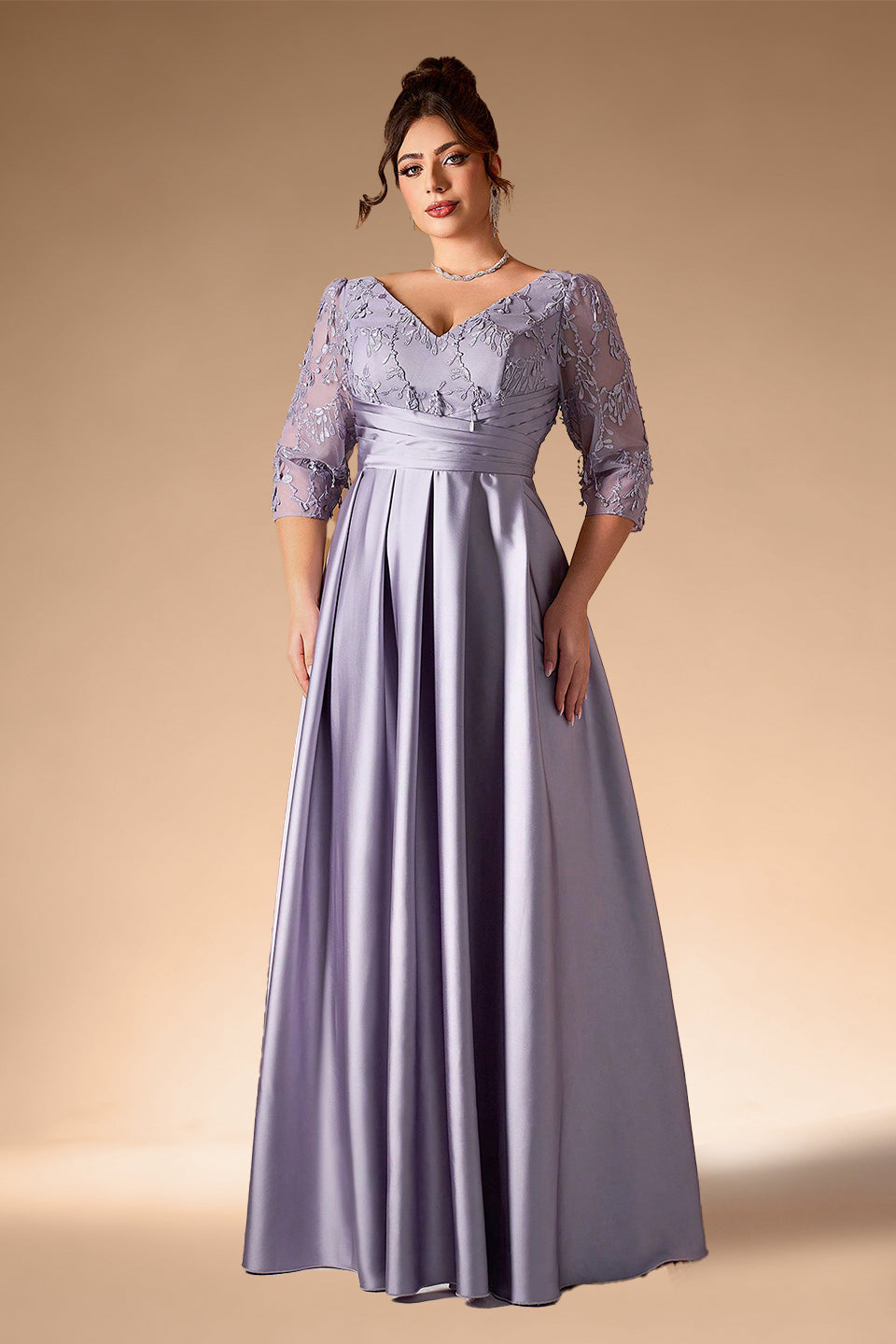 Curveins Plus Size Elegant V-Neck Embroidery Half-Sleeve Slimming Maxi Dress