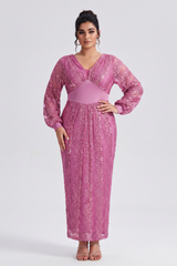 Curveins Plus Size V-Neck Sequin Balloon Sleeve Back-Slit Elegant Evening Maxi Dress