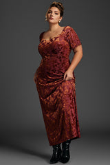 Curveins Plus Size Velvet Ruffle Sleeve Maxi Dress