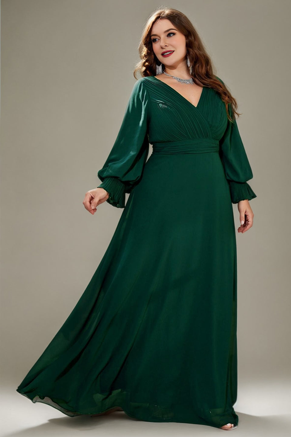 Curveins Plus Size Elegant V-Neck Lantern Sleeve Pleated-Waist Formal Gown