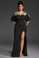 Curveins Plus Size Patchwork Round Neck Puff Sleeve Slit Bodycon Maxi Dress