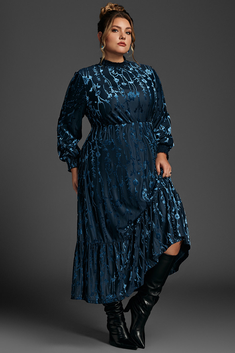 Curveins Plus Size Vintage Floral Velvet Maxi Dress