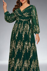 Curveins Plus Size Sequin V-Neck Lantern Sleeve Formal Party Maxi Dress