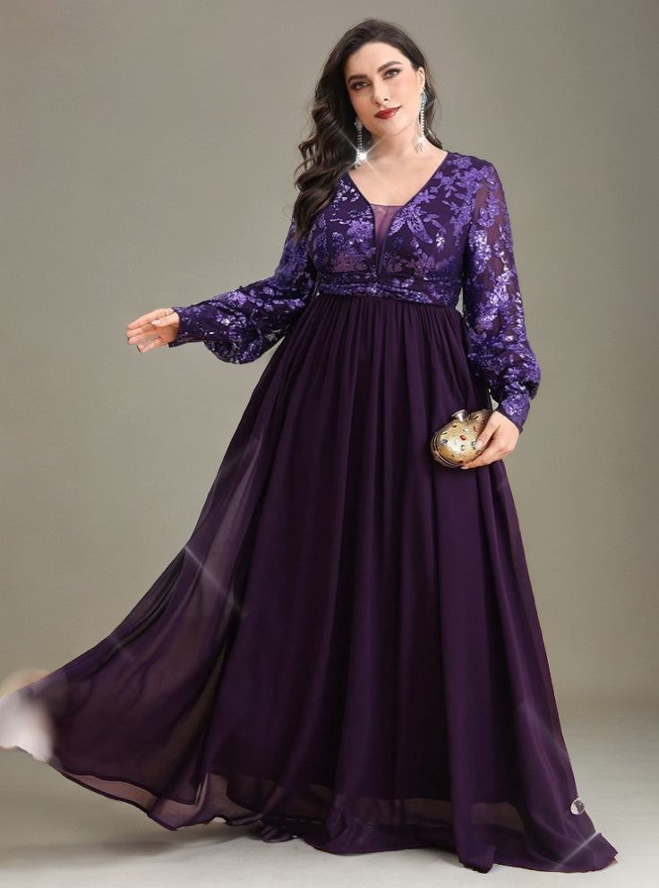 Curveins Plus Size V-Neck Sequin Floral Panel Maxi Dress