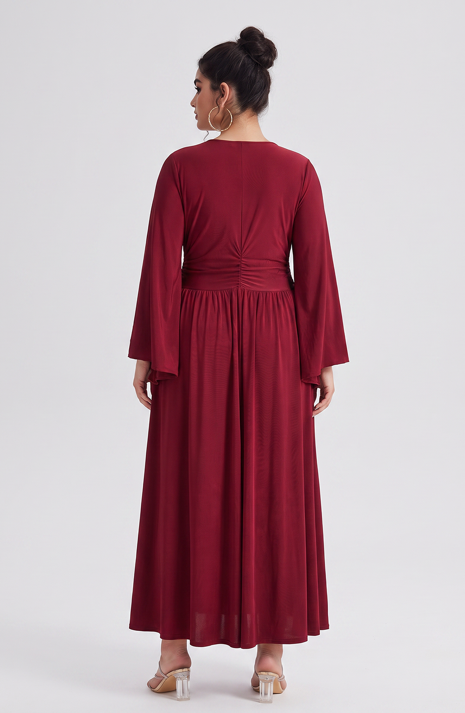 Curveins Plus Size Solid Color Long Sleeve V Neck Ruched Waist Elegant Maxi Dress