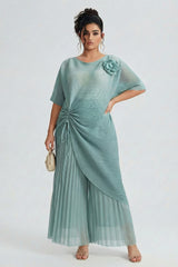 Curveins Plus Size Round Neck Short Sleeve Robe and Wide-Leg Pants Set