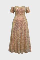 Curveins Plus Size Off-Shoulder Waist Cinched Striped Sequin Maxi Evening Dress