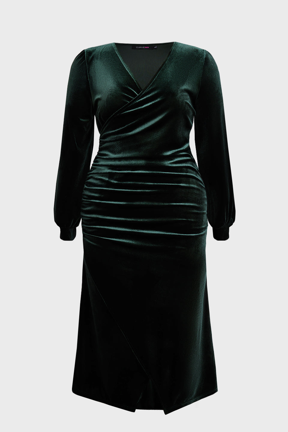 Curveins Plus Size V-Neck Long Sleeves Side Slit Bodycon Maxi Dress
